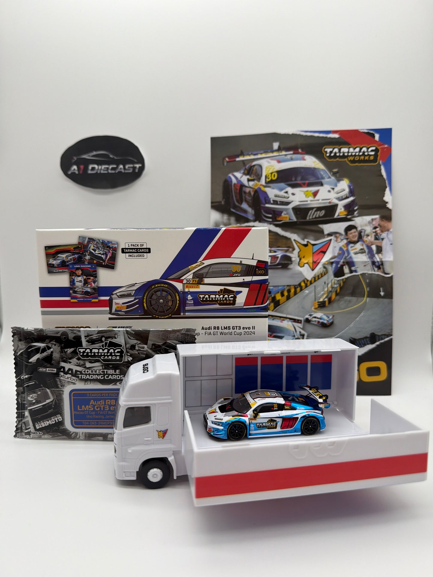 Tarmac Hobby 64 Audi R8 LMS eco II Macau GT Cup - FIA GT World Cup 2024 With 1 Pack of Tarmac Cards Included and Small Poster