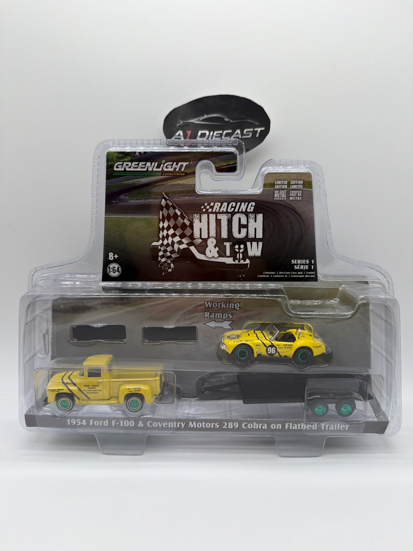 Greenlight Racing Hitch & Tow 1954 Ford F-100 & Coventry Motors 289 Cobra on Flatbed Trailer Chase