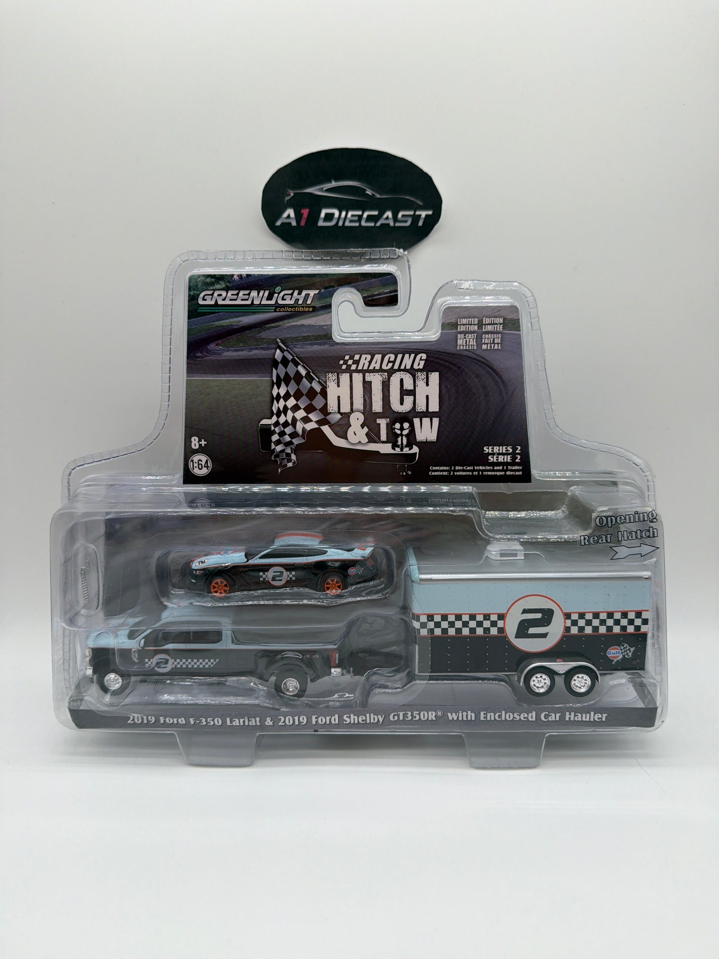 Greenlight Racing Hitch & Tow 2019 Ford F-350 Lariat & 2019 Ford Shelby GT350R with Enclosed Car Hauler Series 2