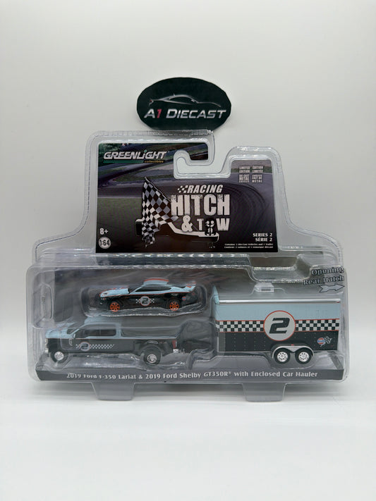 Greenlight Racing Hitch & Tow 2019 Ford F-350 Lariat & 2019 Ford Shelby GT350R with Enclosed Car Hauler Series 2