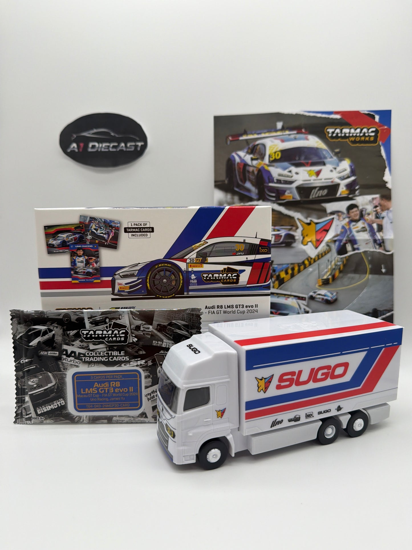 Tarmac Hobby 64 Audi R8 LMS eco II Macau GT Cup - FIA GT World Cup 2024 With 1 Pack of Tarmac Cards Included and Small Poster