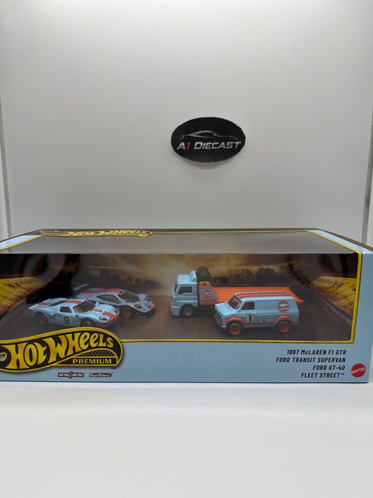 Hot Wheels Premium Gulf set; 1997 McLaren F1 GTR, Ford Transit Supervan, Ford GT-40, Fleet Street