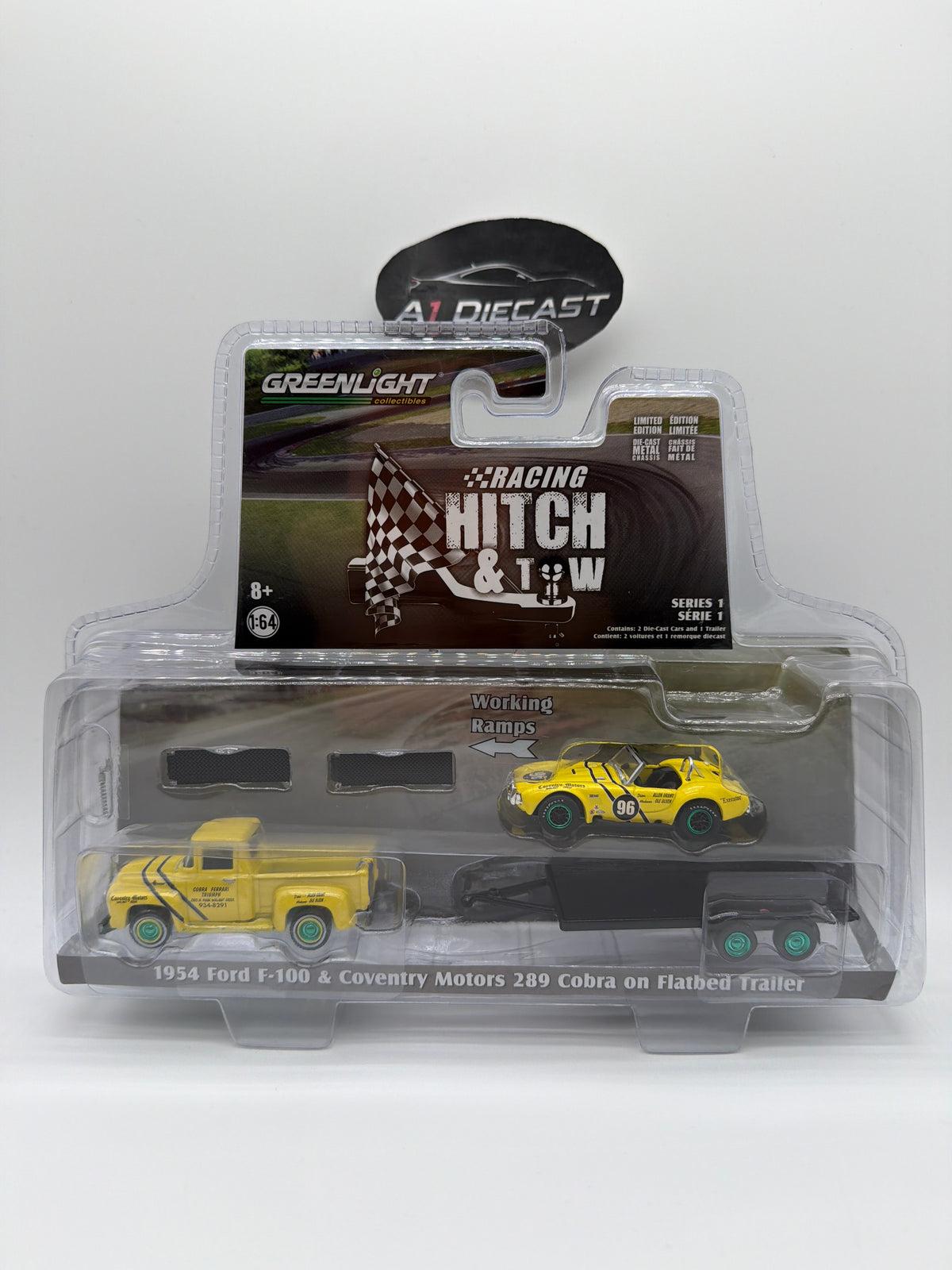 Greenlight Racing Hitch & Tow 1954 Ford F-100 & Coventry Motors 289 Cobra on Flatbed Trailer Chase