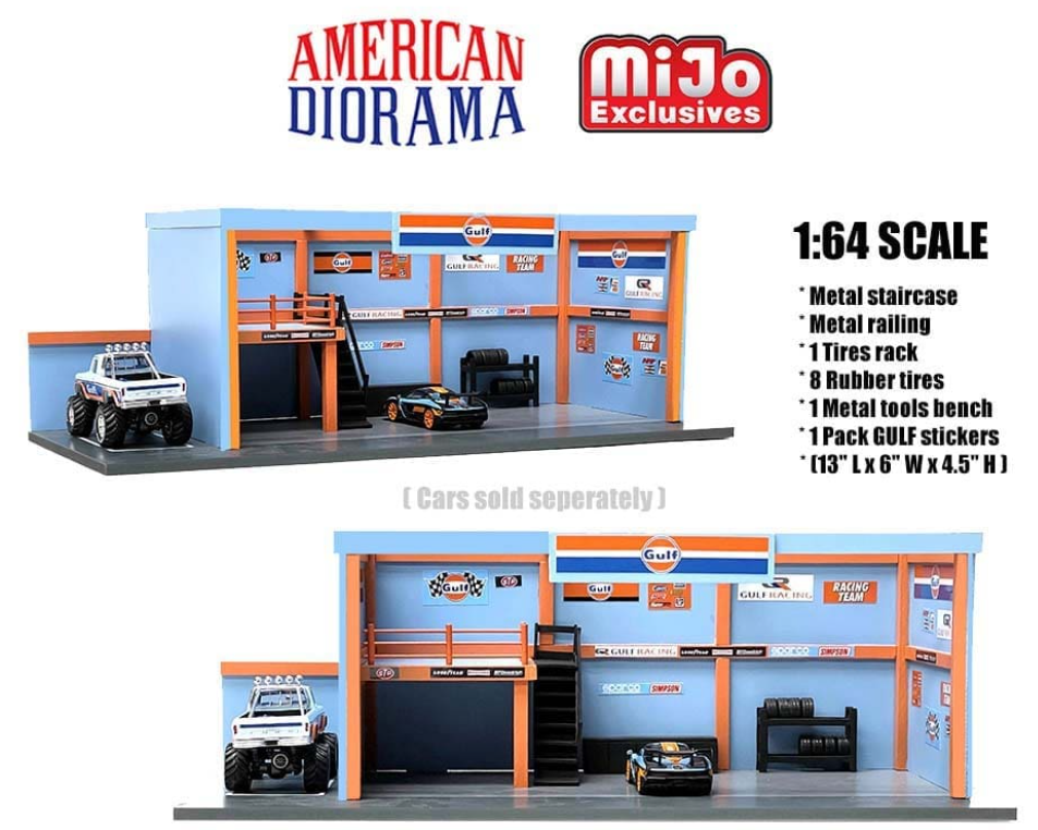 American Diorama 1:64 Mijo Exclusive Garage Diorama with Auto World Gulf Stickers included limited 2,400